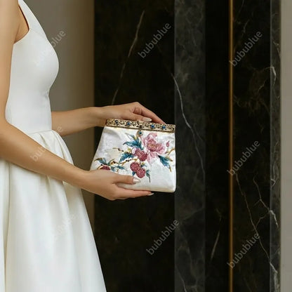 Vintage Lychee Embroidered Satin Handbag with Metal Beads