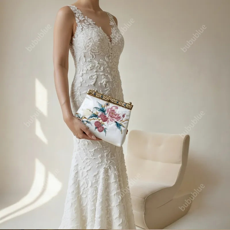 Vintage Lychee Embroidered Satin Handbag with Metal Beads