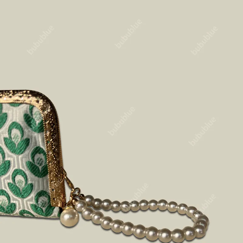 Green Blossom Mini Card Wallet with Pearl handle With Compartments