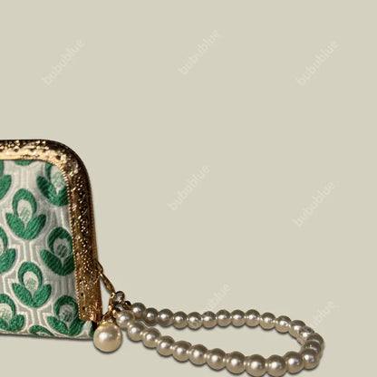 Green Blossom Mini Card Wallet with Pearl handle With Compartments