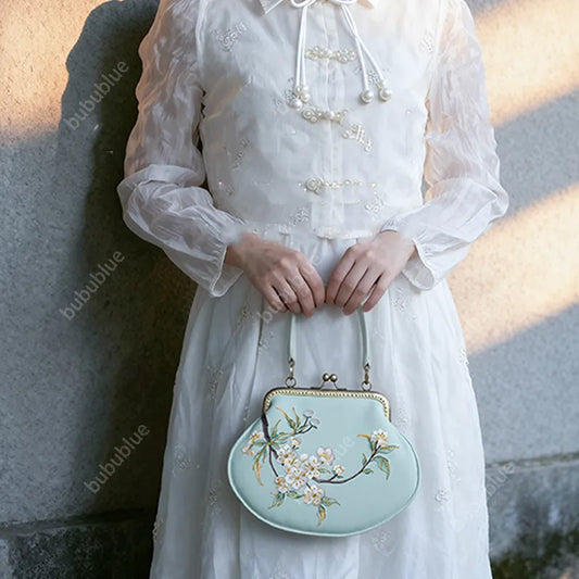 Vintage Pear Blossom Embroidered Shell Handbag with Kiss Lock