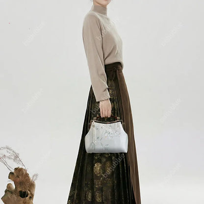 White Pear Blossom Embroidered Kiss Lock Clutch with Pearl Tassel