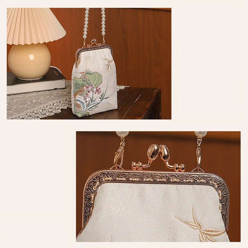 BUBUBLUE Chinese Style Embroidered Cheongsam Handbag Pearls Chain Crossbody Phone Bag