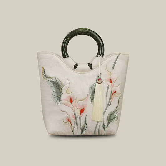 Calla Lily Embroidered Tote Bag with Vintage Green Acrylic Handle