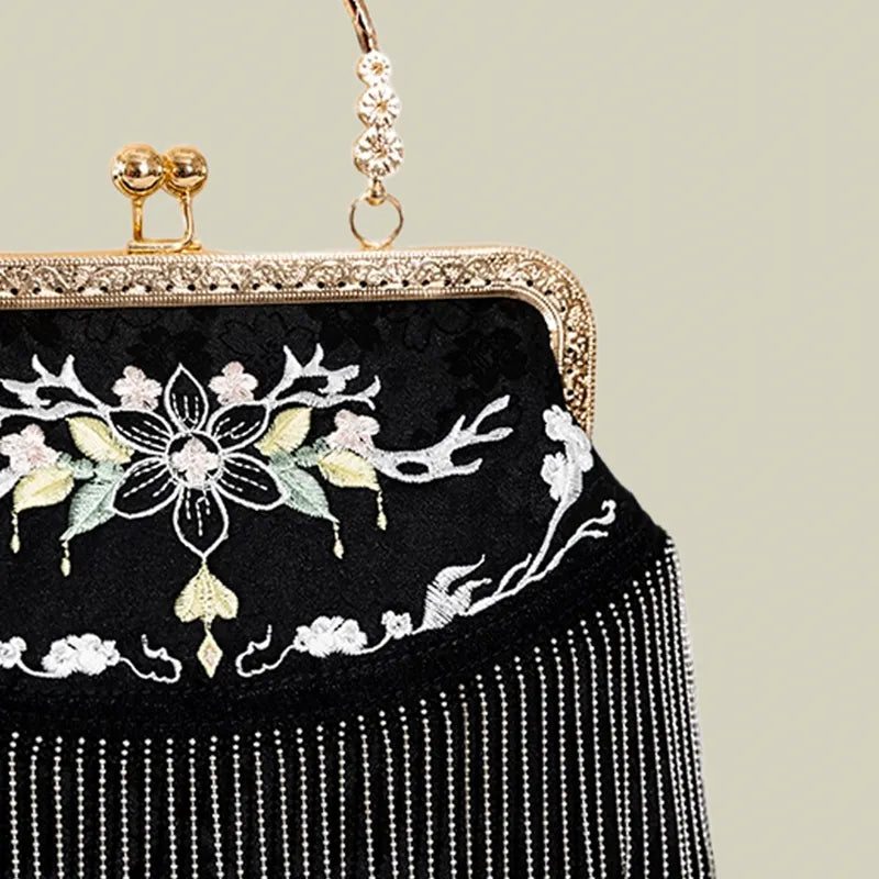 Floral Embroidered Vintage Black Evening Bag with Tassel