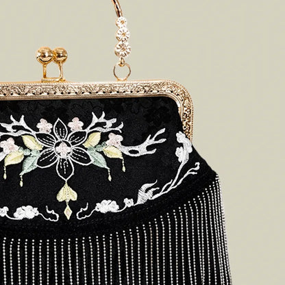 Floral Embroidered Vintage Black Evening Bag with Tassel