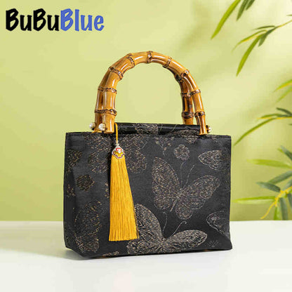 BUBUBLUE Chinese Style Handmade Brocade Handbag Women Aesthetic Simple Classic Wooden Handle Vintage Cheongsam Tote Bag(Green/Black/Brown)