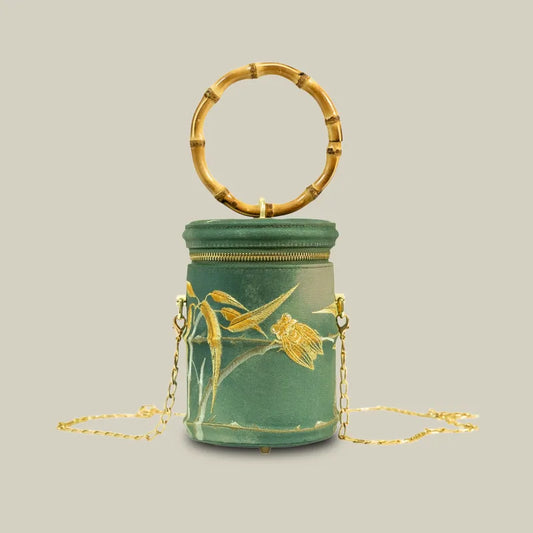 Cicada Song Embroidered Green Mini Bucket Bag