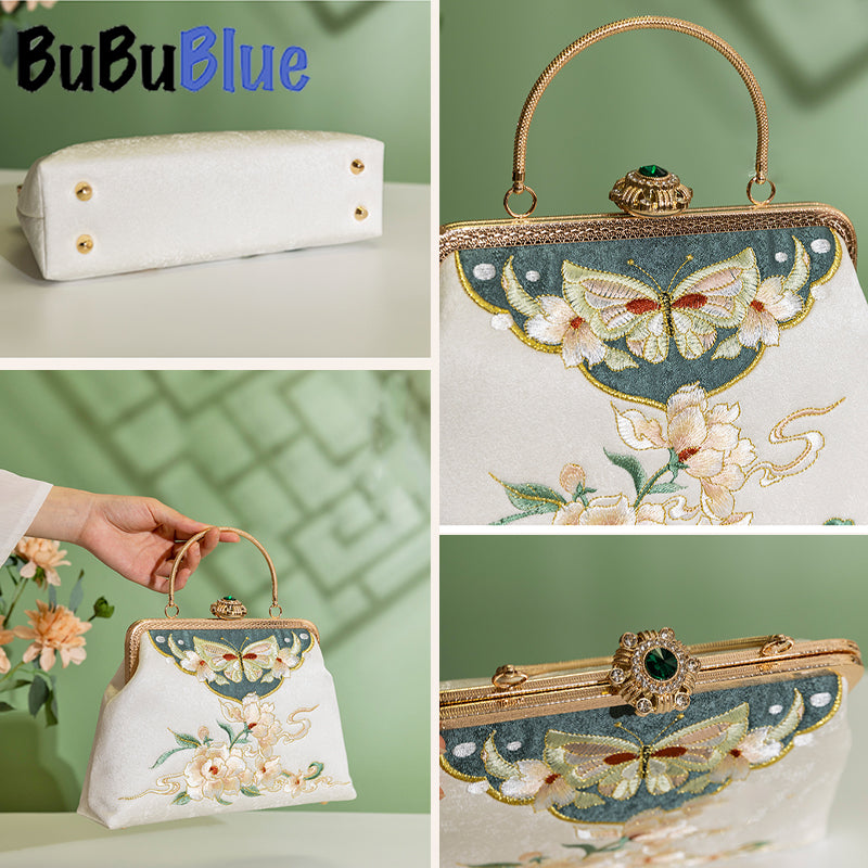 BUBUBLUE Chinese Style Embroidered White Vintage Square Cheongsam Handbag With Long Chain