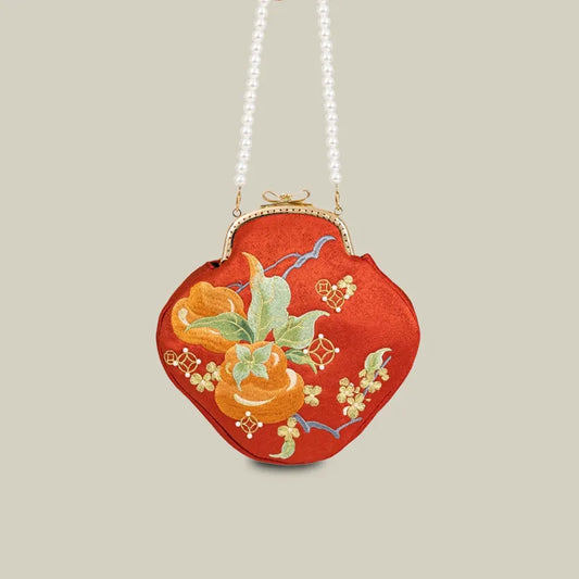 Persimmon Embroidered Pearl Chain Kiss-Lock Crossbody Bag