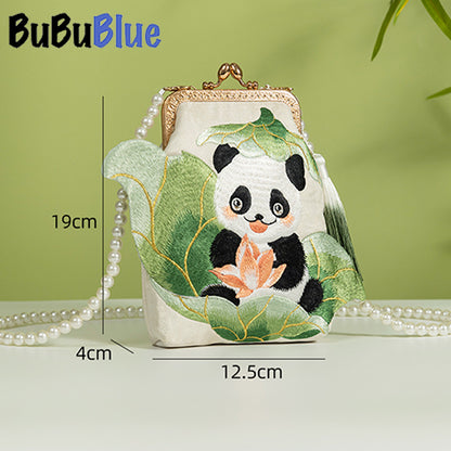 BUBUBLUE Chinese Style Original Handmade Cute Panda Embroidered  White Handbag Women Pearl Chain Mobile Phone Sling Bag Women