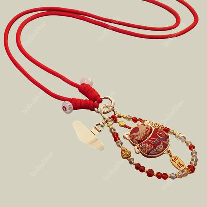 Song Brocade Lucky Cat Charm Bag Pendant with Beads