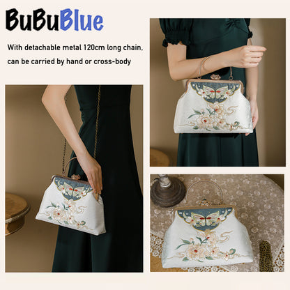 BUBUBLUE Chinese Style Embroidered White Vintage Square Cheongsam Handbag With Long Chain