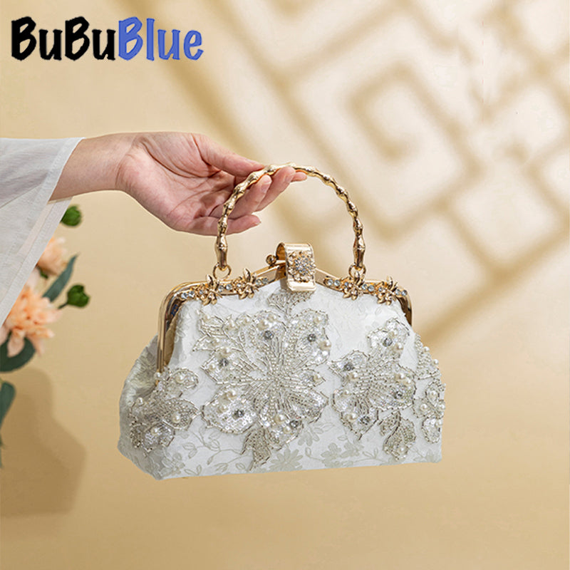 BUBUBLUE White Handbag Elegant Handbag Pearl Chain Clutch Wedding Party Bag