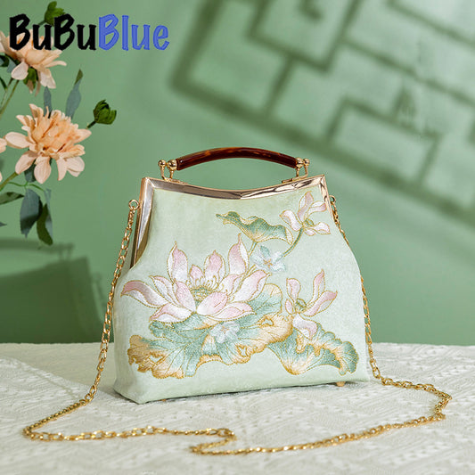 BUBUBLUE Chinese Style Embroidered Square Lotus Cheongsam Handbag With Long Chain