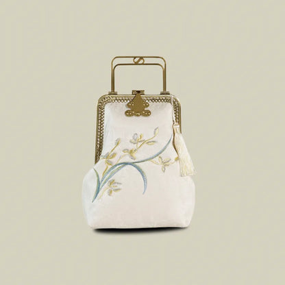 Orchid Embroidered Vintage White Evening Bag With Metal Handle