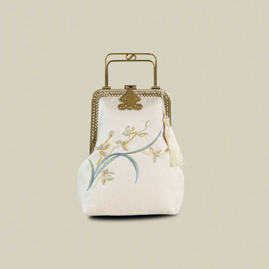 Orchid Embroidered Vintage White Evening Bag With Metal Handle