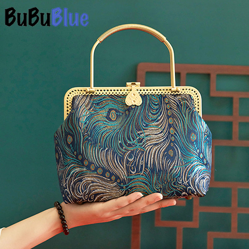 BUBUBLUE Handmade Peacock Blue Vintage Handbag Women Chinese Style Square Cheongsam Bag Luxury Dinner Bag