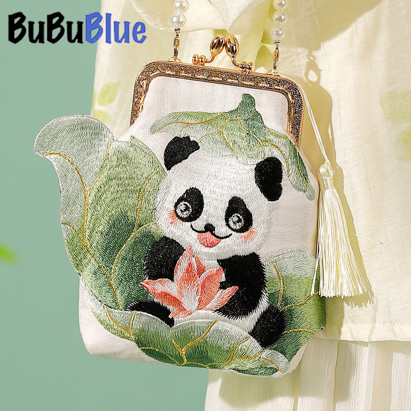 BUBUBLUE Chinese Style Original Handmade Cute Panda Embroidered  White Handbag Women Pearl Chain Mobile Phone Sling Bag Women