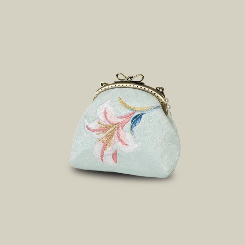 Pearl Chain Lily Embroidered Mini Purse with Bow Metal Kiss-Lock