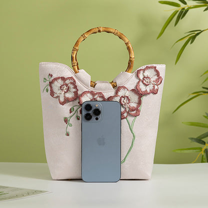 BUBUBLUE Chinese Style Bamboo Handle White 3D Embroidery Tote Bag Women With Cheongsam Tea Dress