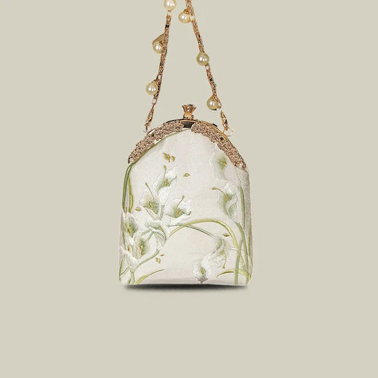 Calla Lily Embroidered Pearl Chain Handbag