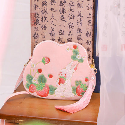 BUBUBLUE Chinese Style Children's Cartoon Strawberry Rabbit Bag Embroidered Hanfu Accessories Cross-Body Hanfu Bag For Women