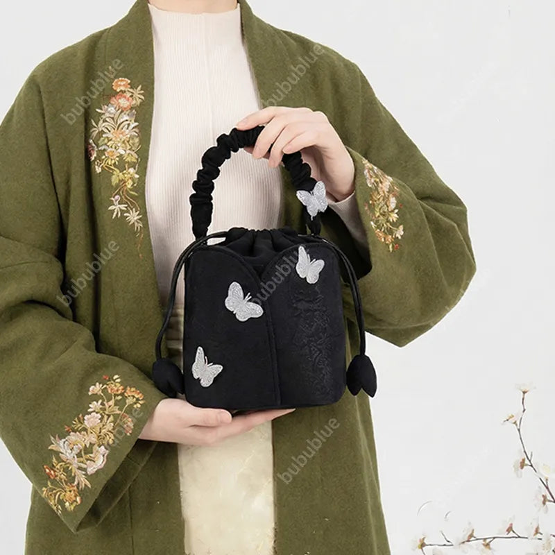 Black Butterfly Embroidered Vintage Bucket Bag Crossbody