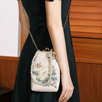 BUBUBLUE Chinese Style Embroidered Cheongsam Handbag Pearls Chain Crossbody Phone Bag