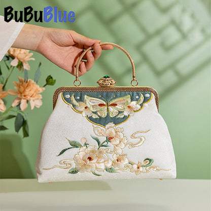 BUBUBLUE Chinese Style Embroidered White Vintage Square Cheongsam Handbag With Long Chain