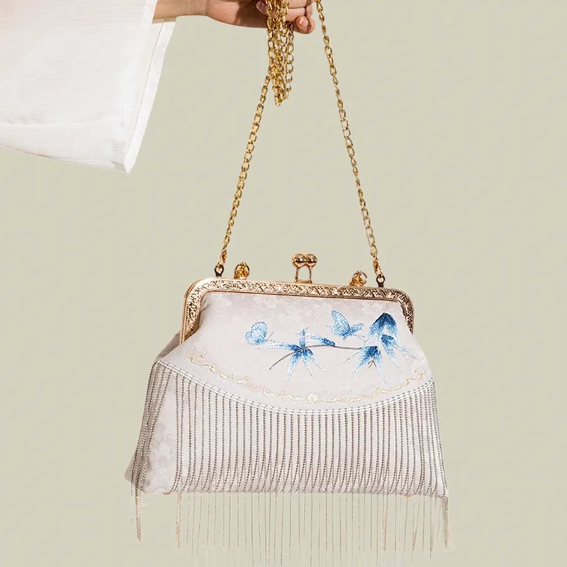 Butterfly Embroidered Tassel White Evening Bag
