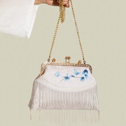 Butterfly Embroidered Tassel White Evening Bag