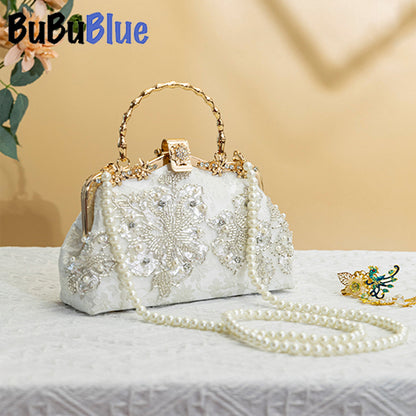 BUBUBLUE White Handbag Elegant Handbag Pearl Chain Clutch Wedding Party Bag