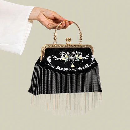 Floral Embroidered Vintage Black Evening Bag with Tassel