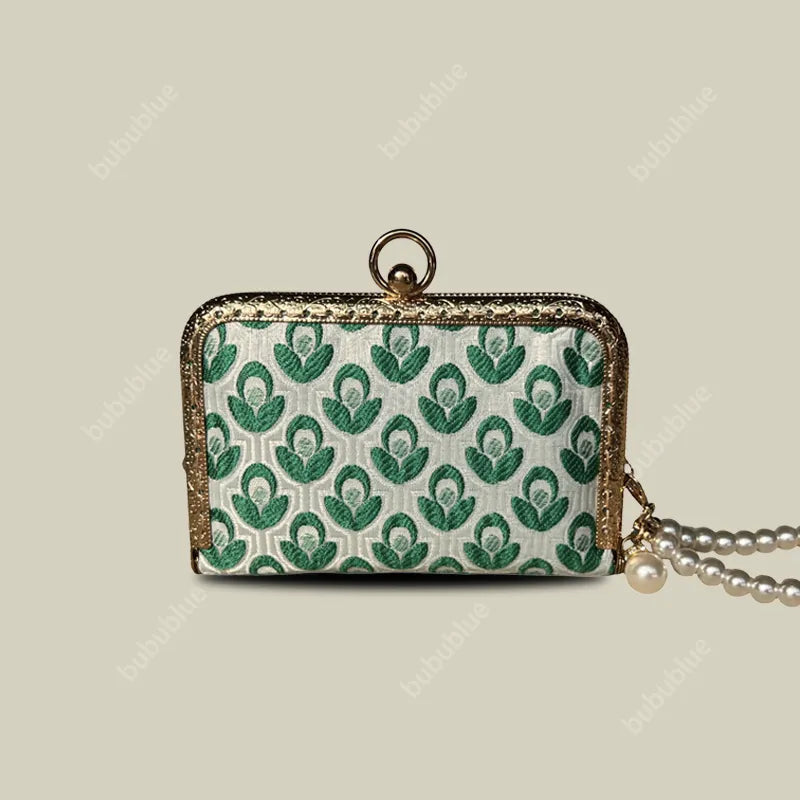 Green Blossom Mini Card Wallet with Pearl handle With Compartments