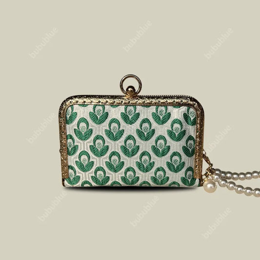Green Blossom Mini Card Wallet with Pearl handle With Compartments
