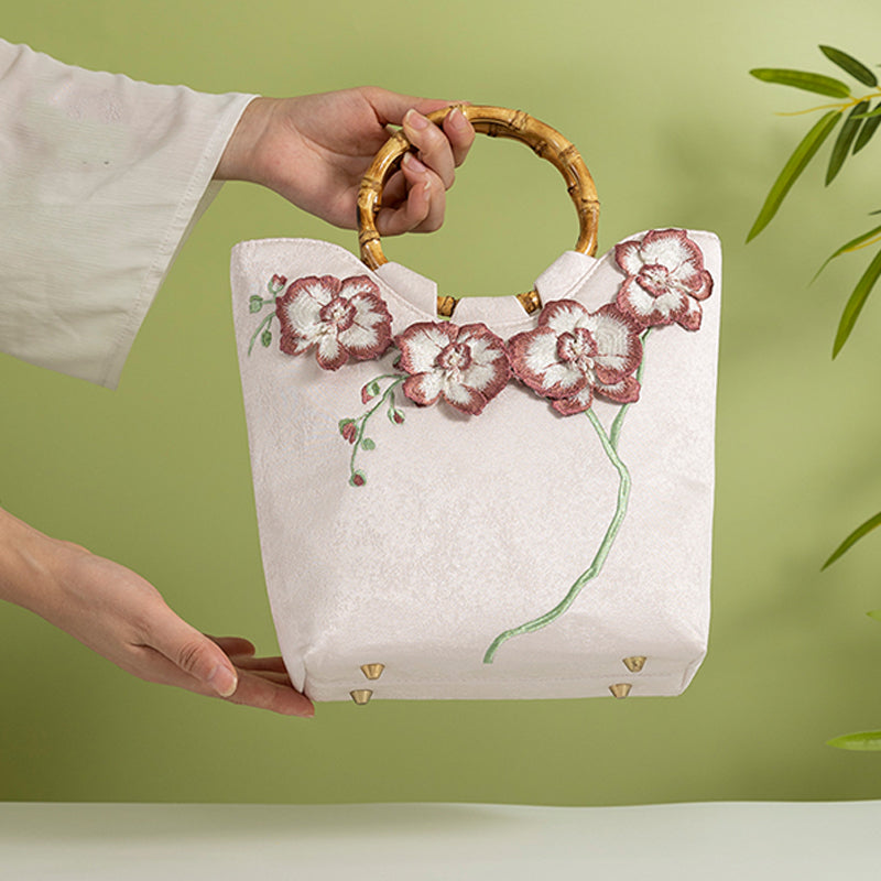 BUBUBLUE Chinese Style Bamboo Handle White 3D Embroidery Tote Bag Women With Cheongsam Tea Dress