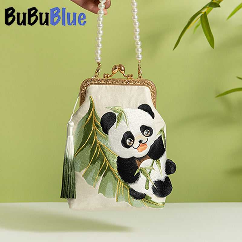 BUBUBLUE Chinese Style Original Handmade Cute Panda Embroidered  White Handbag Women Pearl Chain Mobile Phone Sling Bag Women