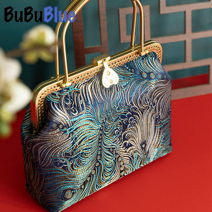 BUBUBLUE Handmade Peacock Blue Vintage Handbag Women Chinese Style Square Cheongsam Bag Luxury Dinner Bag