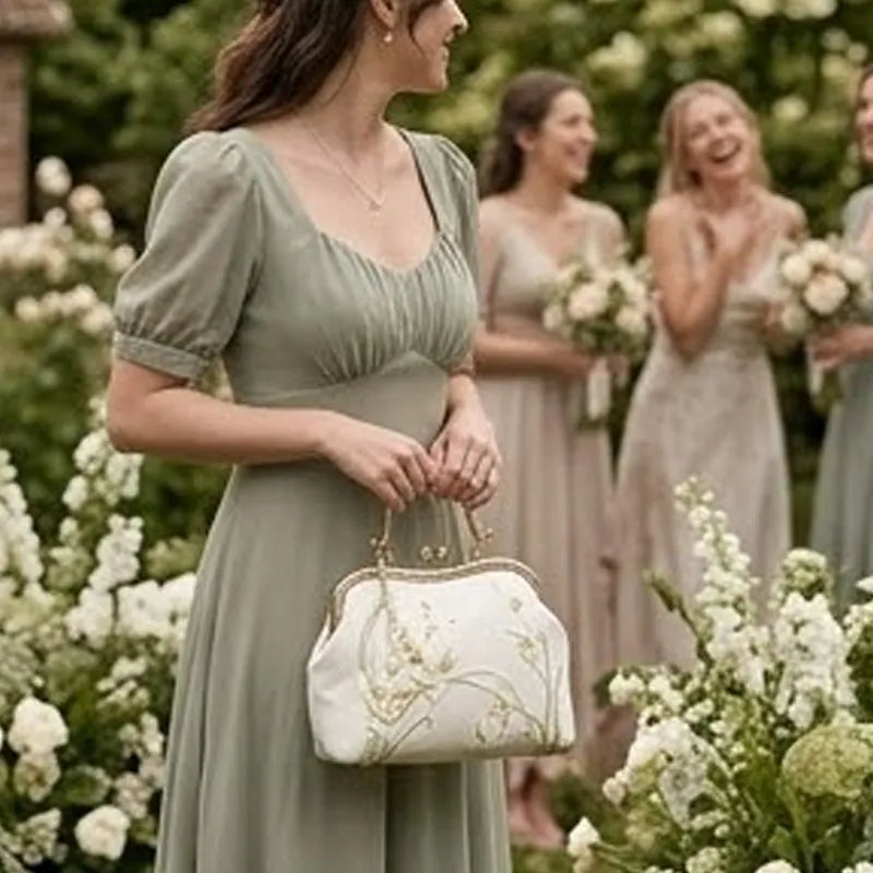 Calla Lily Embroidered Vintage Bride Clutch with Kiss Lock