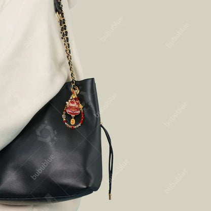 Song Brocade Lucky Cat Charm Bag Pendant with Beads