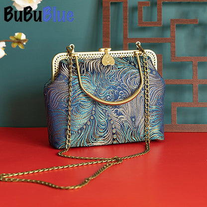 BUBUBLUE Handmade Peacock Blue Vintage Handbag Women Chinese Style Square Cheongsam Bag Luxury Dinner Bag