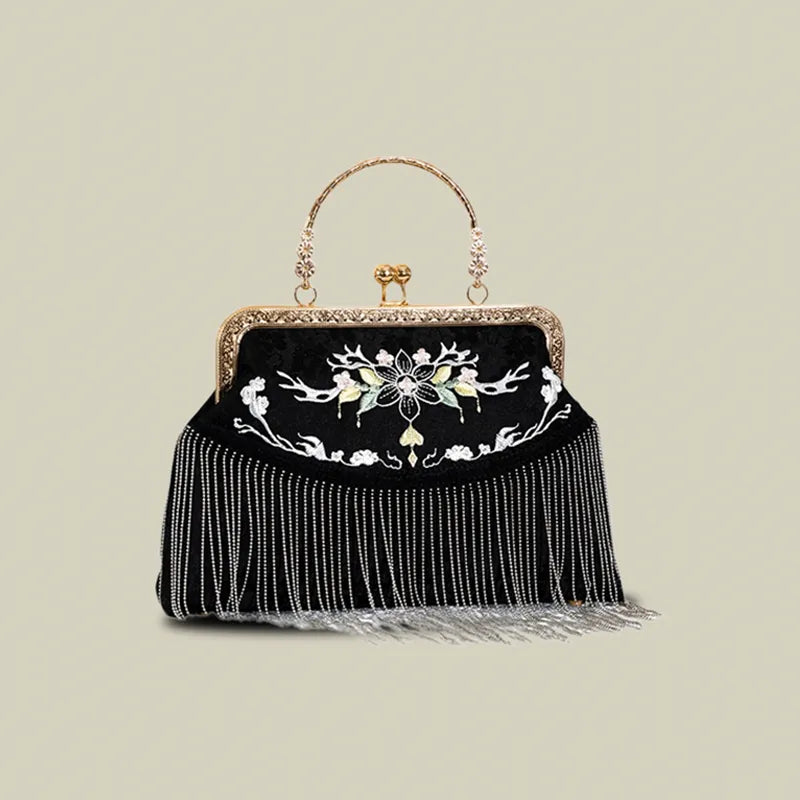 Floral Embroidered Vintage Black Evening Bag with Tassel