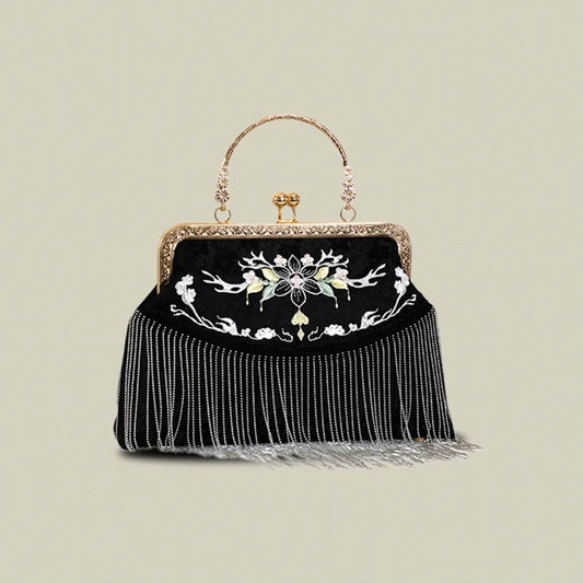 Floral Embroidered Vintage Black Evening Bag with Tassel