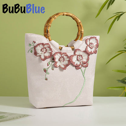 BUBUBLUE Chinese Style Bamboo Handle White 3D Embroidery Tote Bag Women With Cheongsam Tea Dress