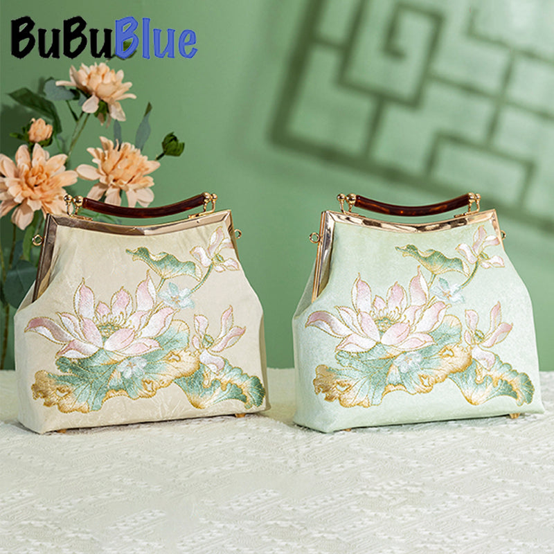 BUBUBLUE Chinese Style Embroidered Square Lotus Cheongsam Handbag With Long Chain