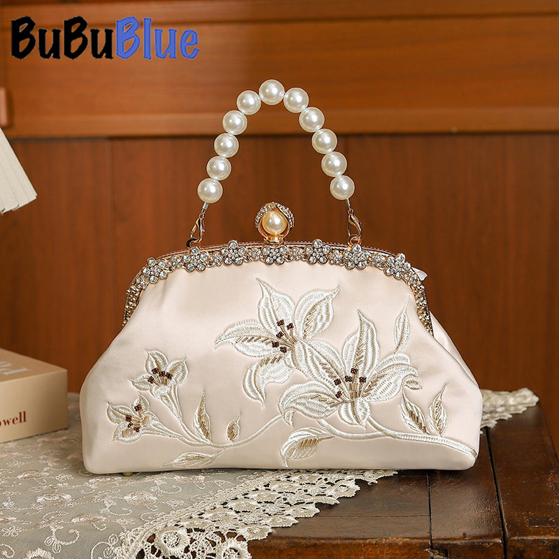 BUBUBLUE Chinese Style Embroidery Cheongsam Handbag Elegant Pearl Clutch Bag