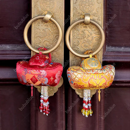 Song Brocade Ingot-Shaped Lucky Sachet Pendant With Rice Bead Tassels