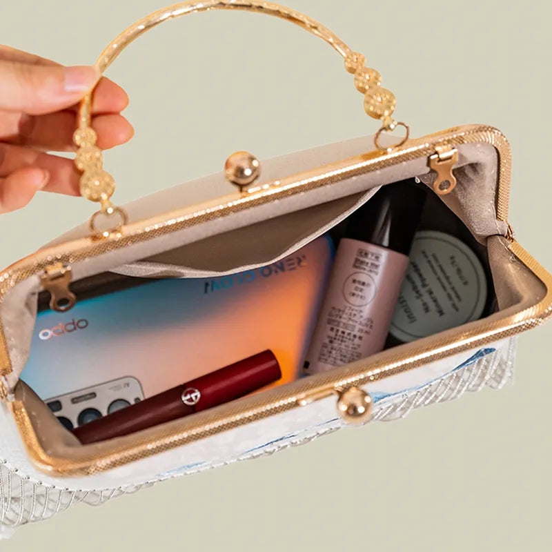 Butterfly Embroidered Tassel White Evening Bag