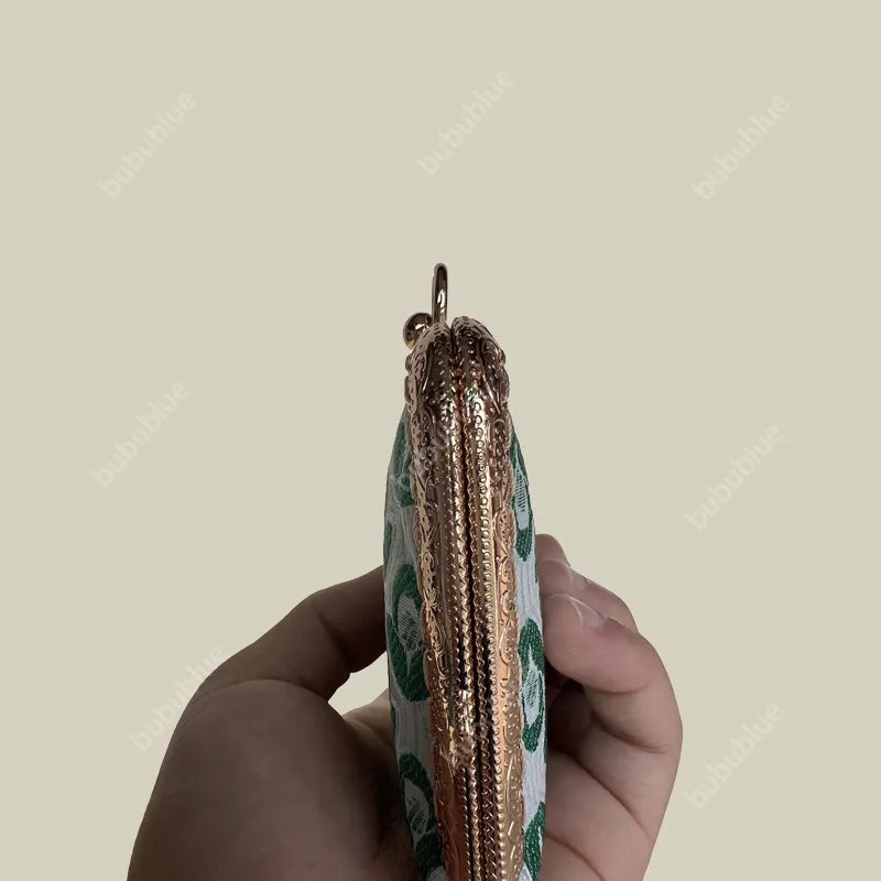 Green Blossom Mini Card Wallet with Pearl handle With Compartments